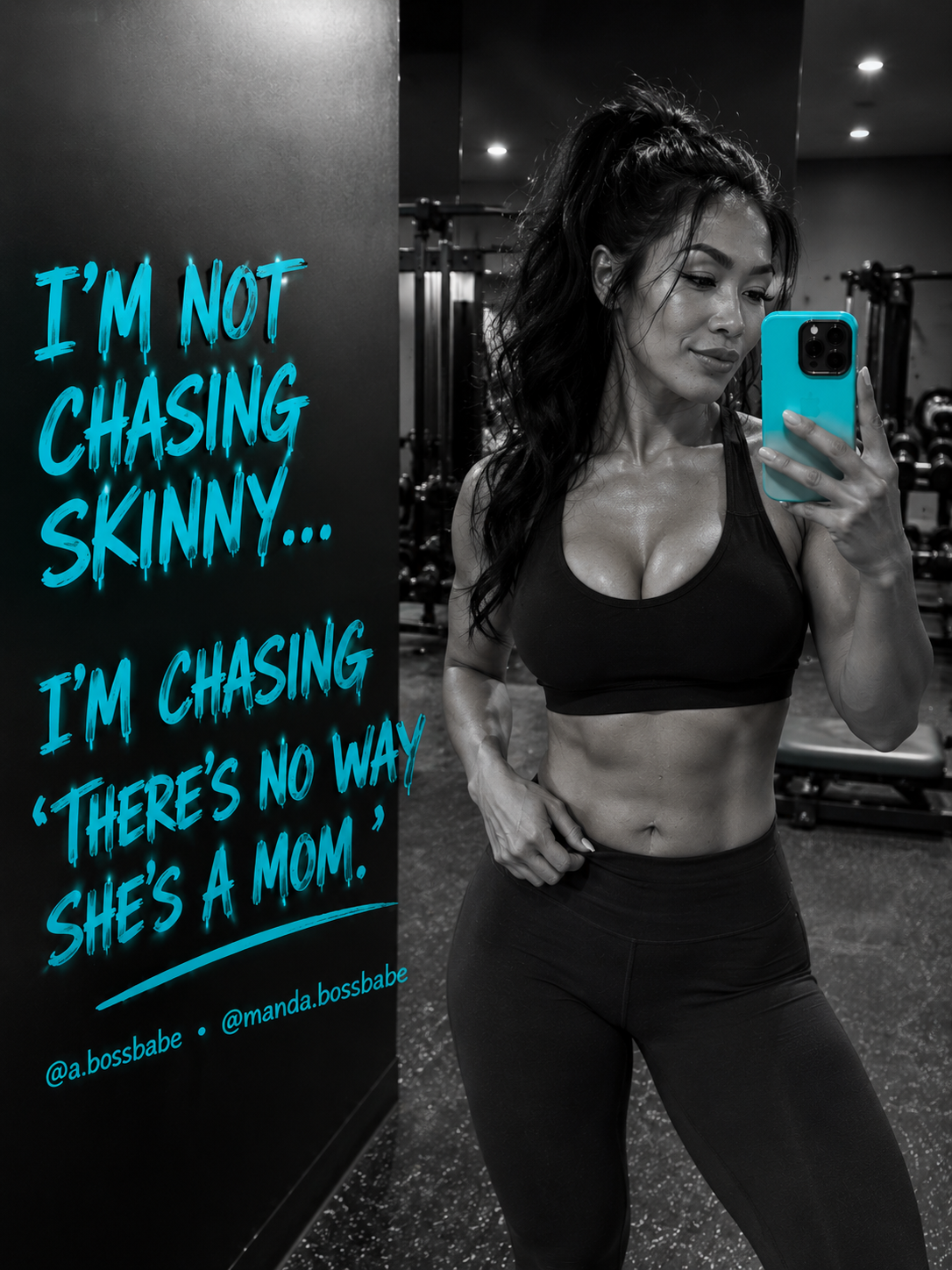 Black and white gym mirror quote image with neon aqua lettering.