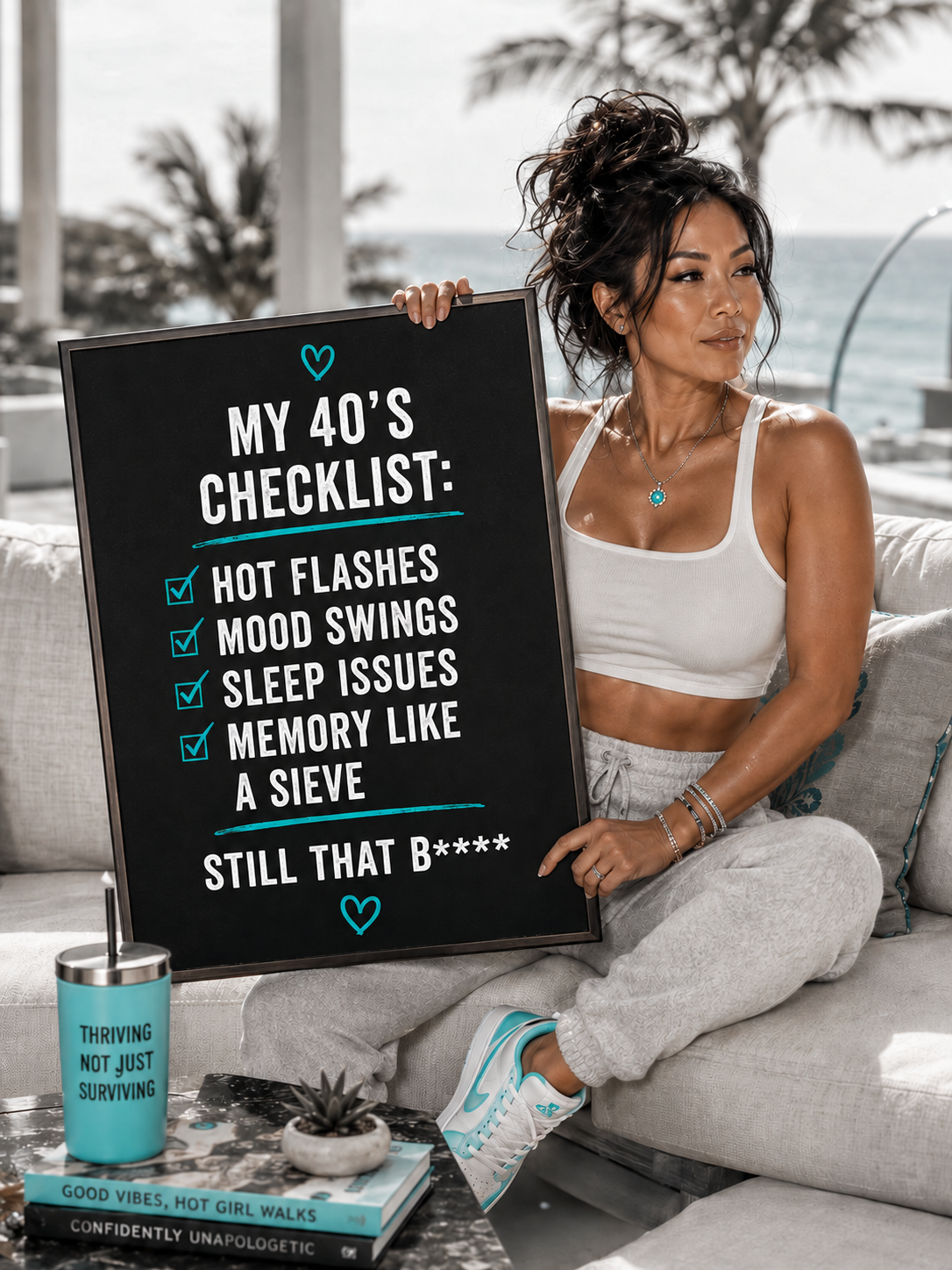 Checklist-style quote image on a black sign with aqua accents.