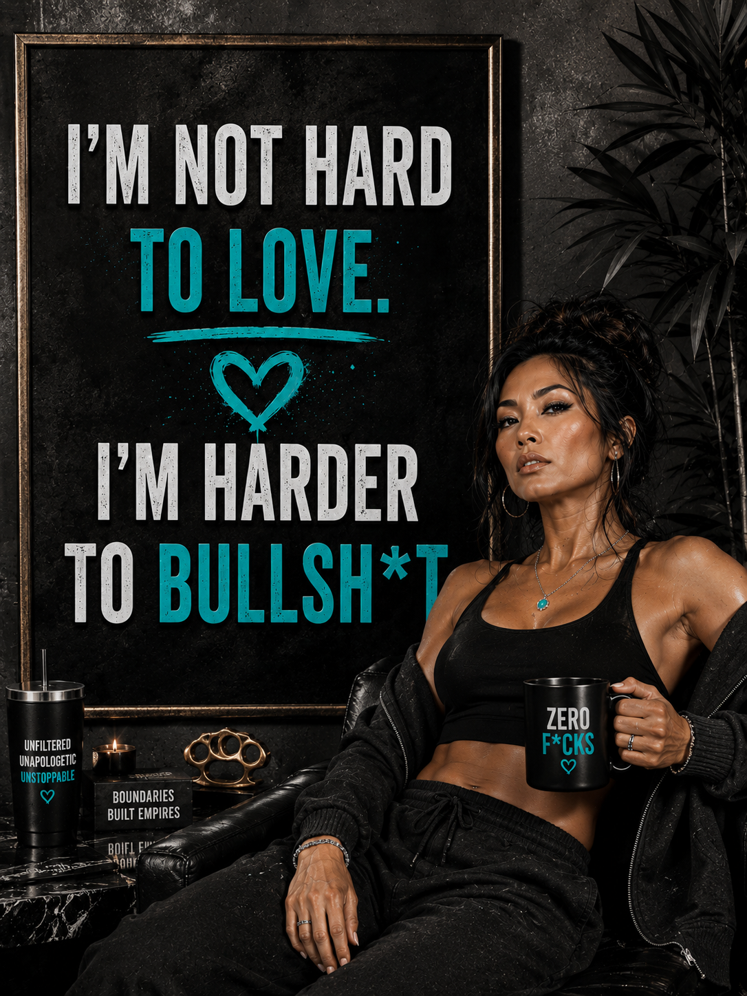 Lifestyle quote image with framed typography art and teal accent text.
