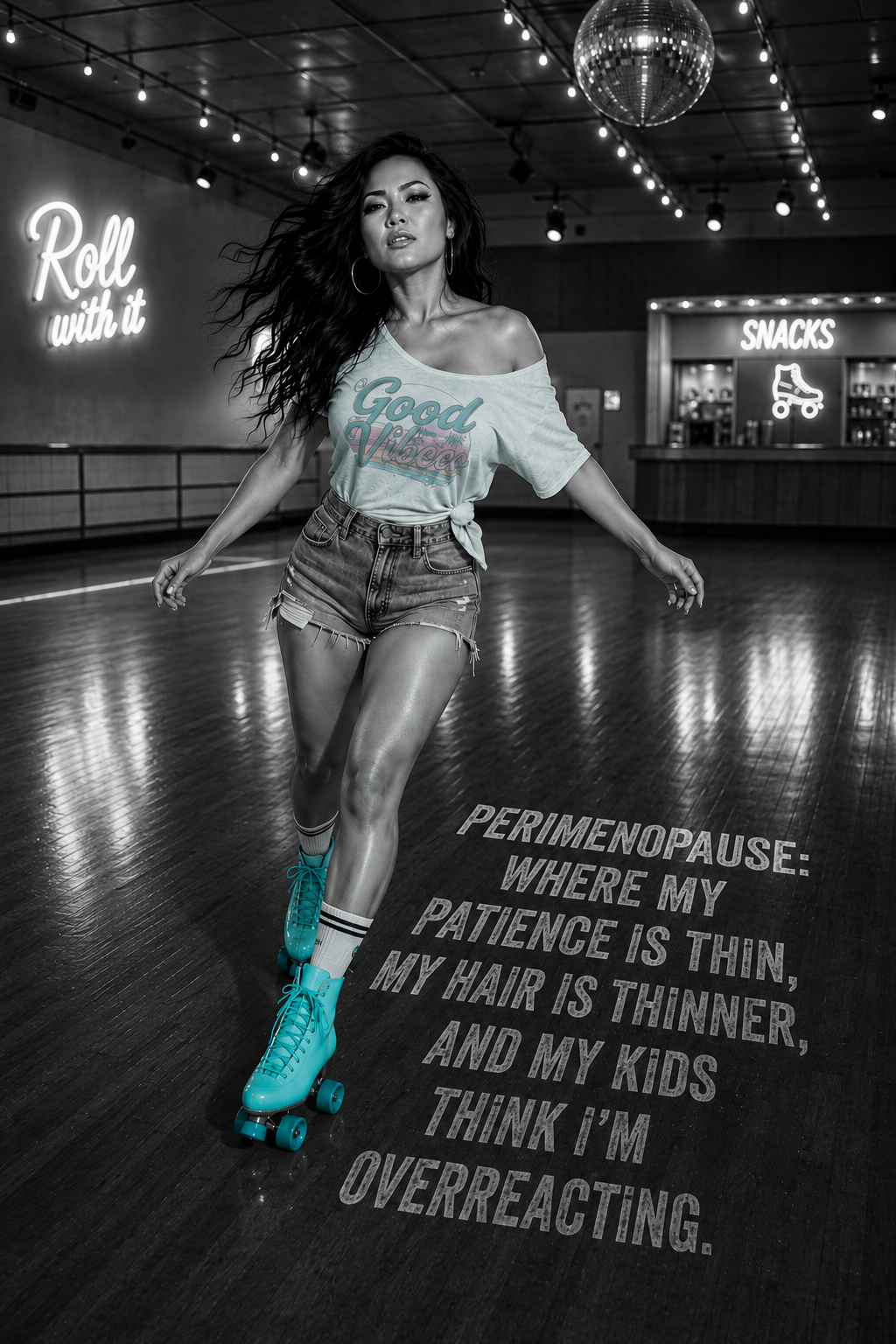 Rollerskating quote image with grayscale scene and aqua accent styling.